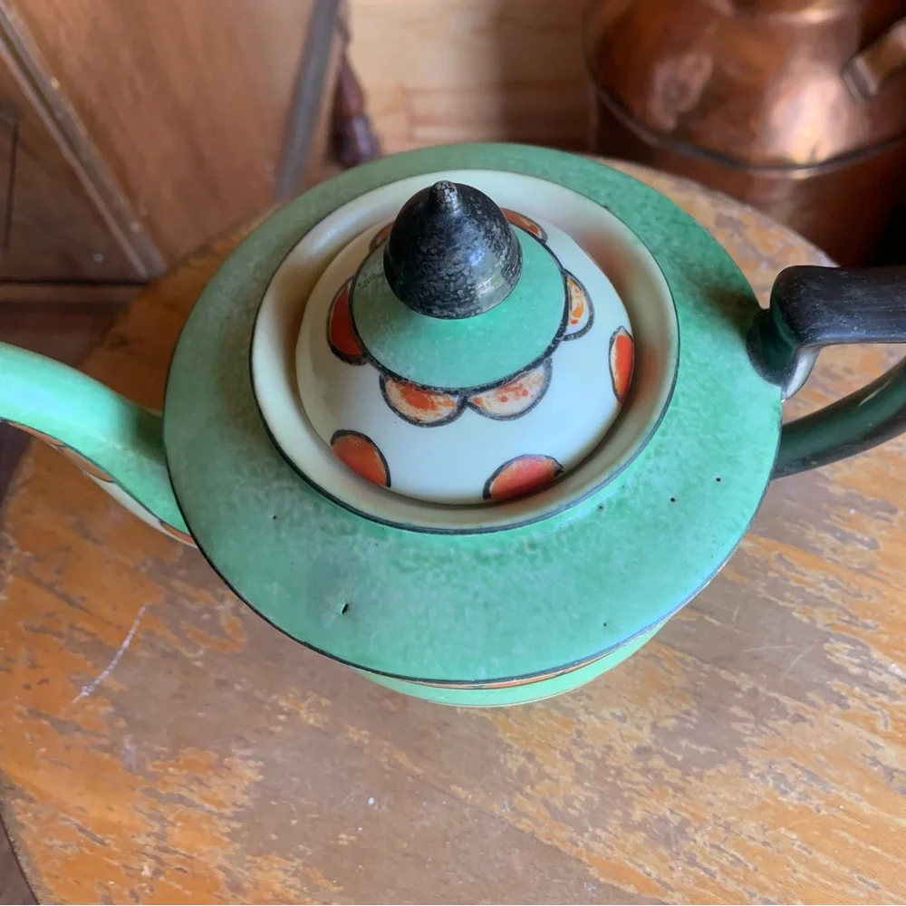 Art Deco Green & Orange Teapot - Striped Geometric Design